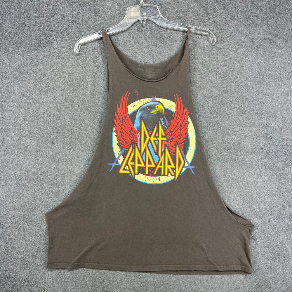 Def Leppard Graphic Muscle Tank Mens 2XL Brown Deep Cut Side Raw Edge Rock Band‎